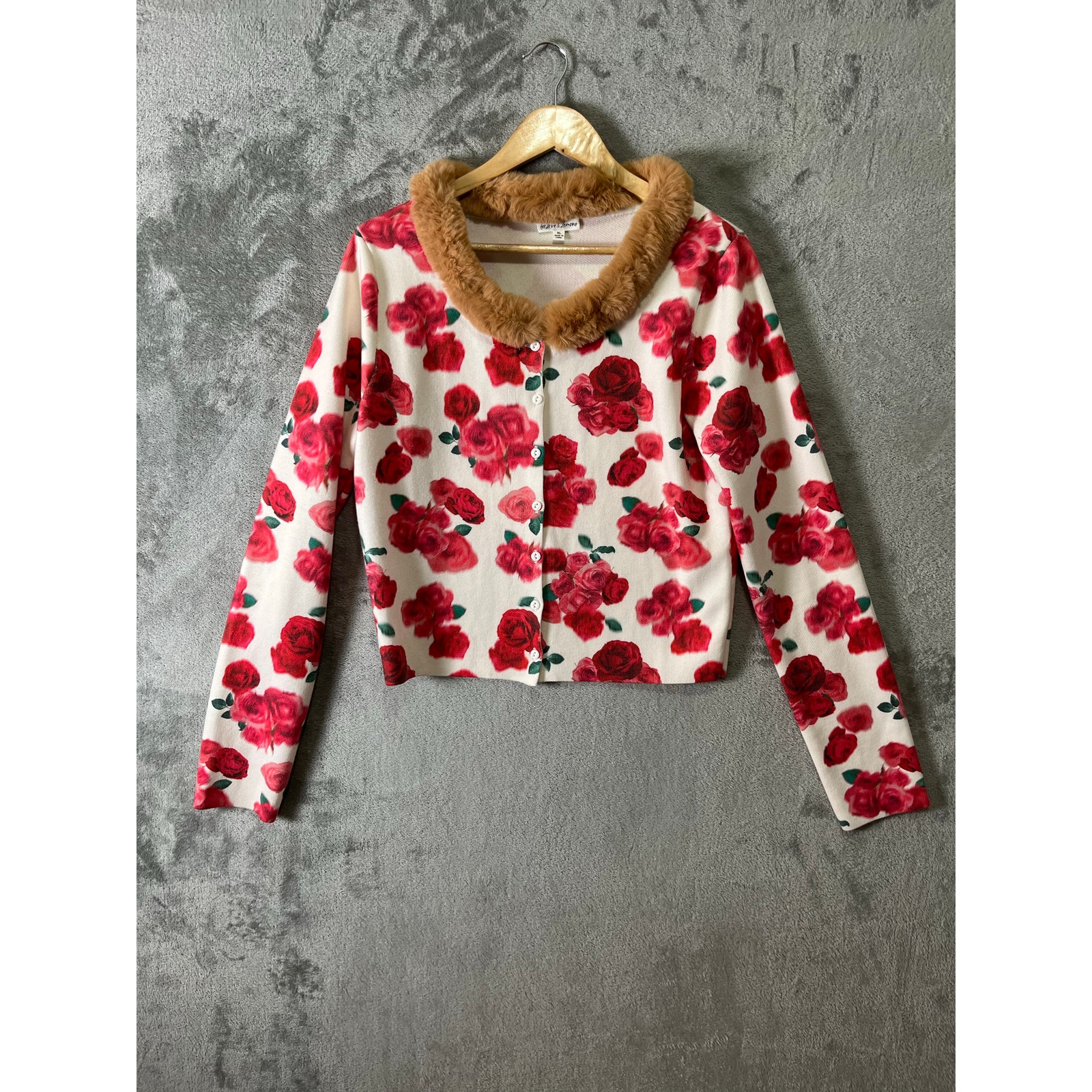 For Love & Lemons Carol Floral Cardigan Faux Fur Rose Print Coquette Wool Xl